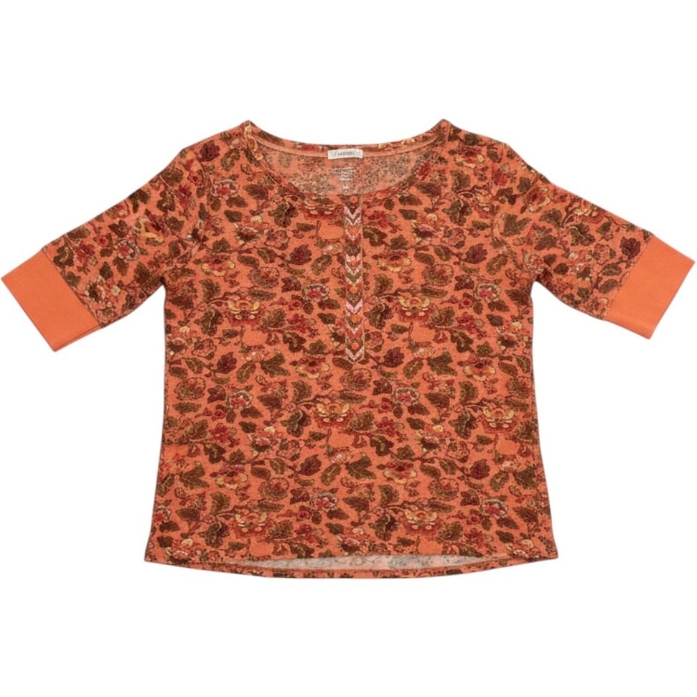 Sundance Women Orange Floral Cotton Thermal Henley Top 3/4 Sleeve M boho Fall